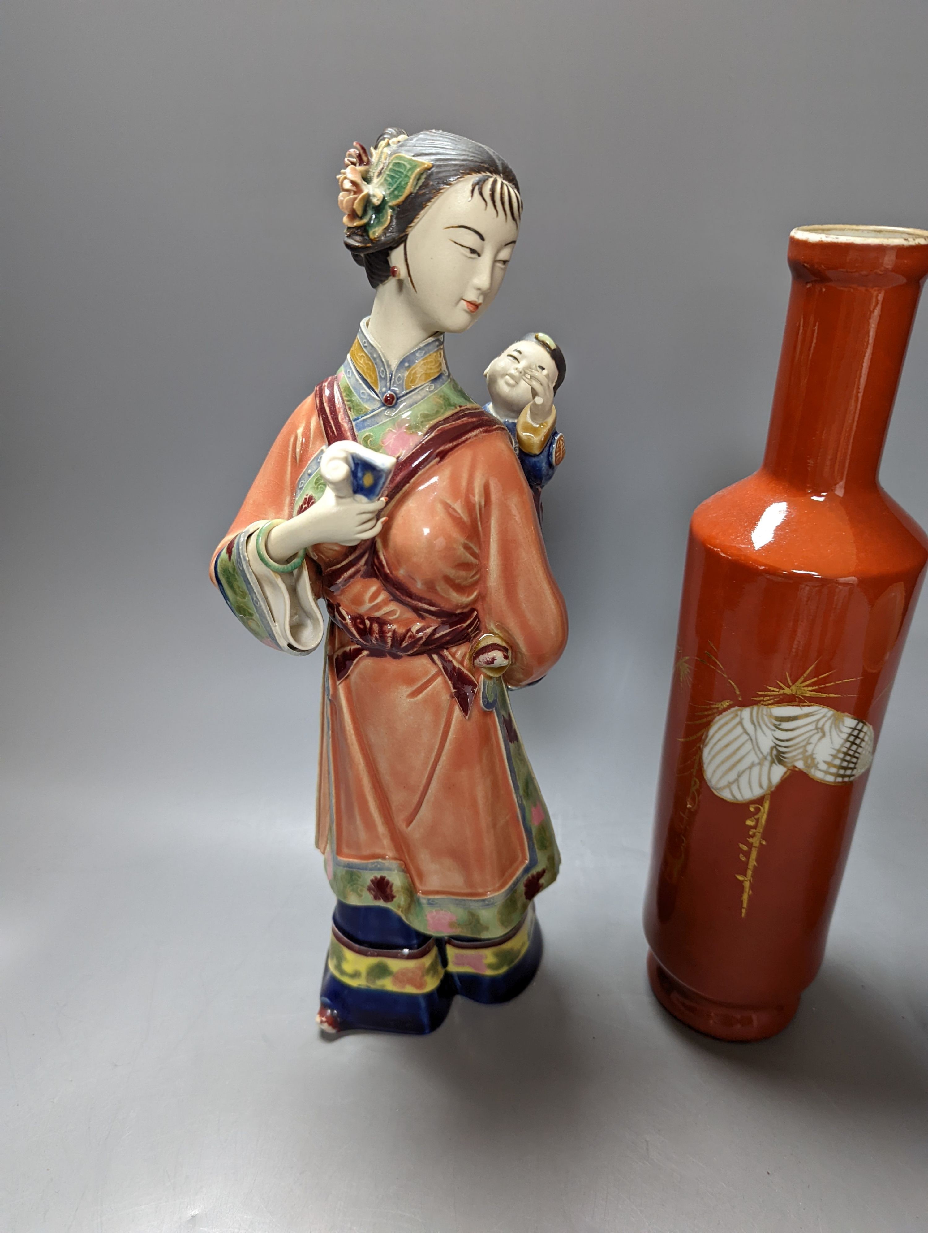 A Chinese porcelain figure group, four vases and a stem dish. Tallest 33cm